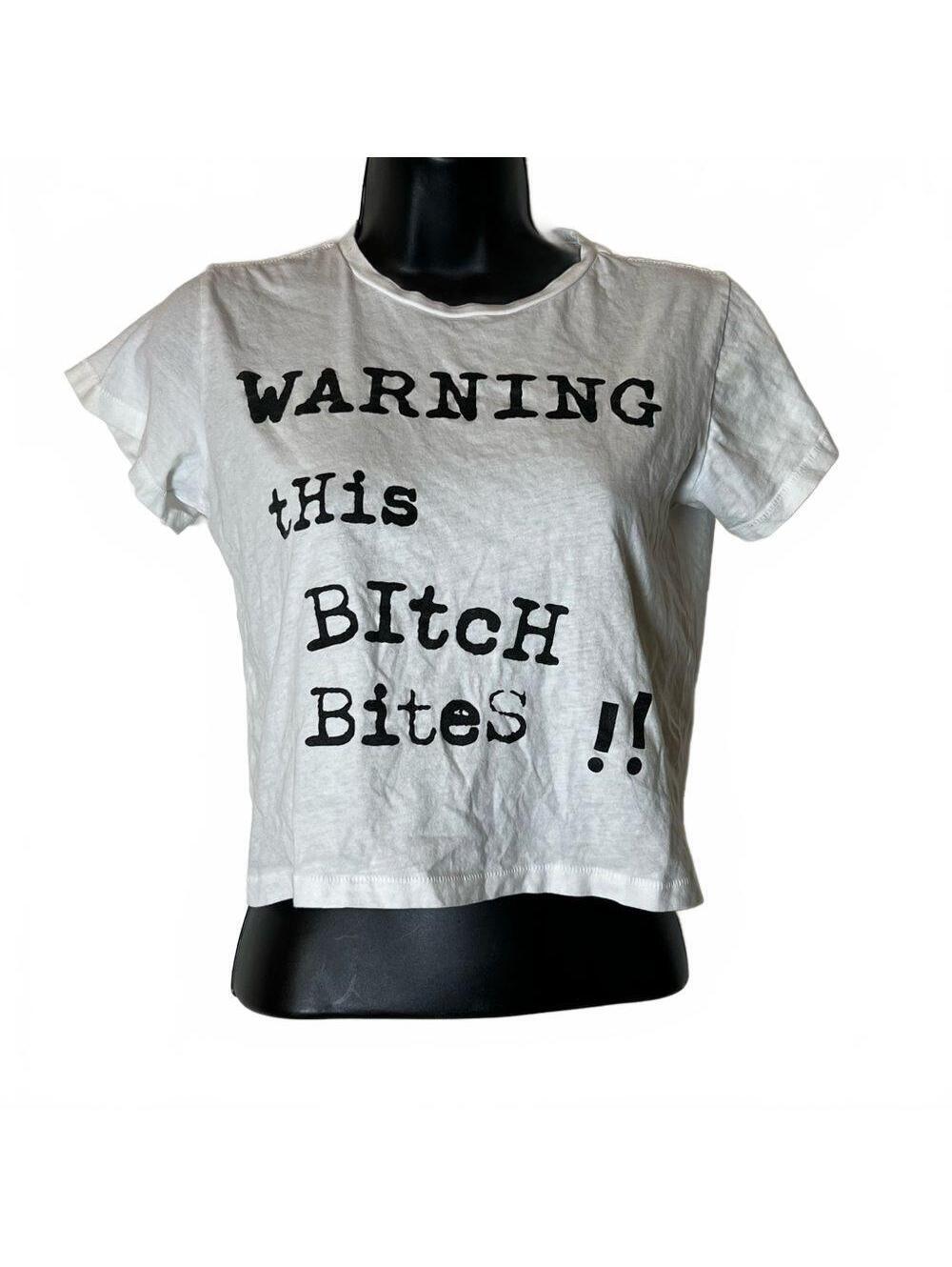 Y2K 90s S “Warning This Bi*ch Bites” Baby Tee White Black Fitted Tee Shirt